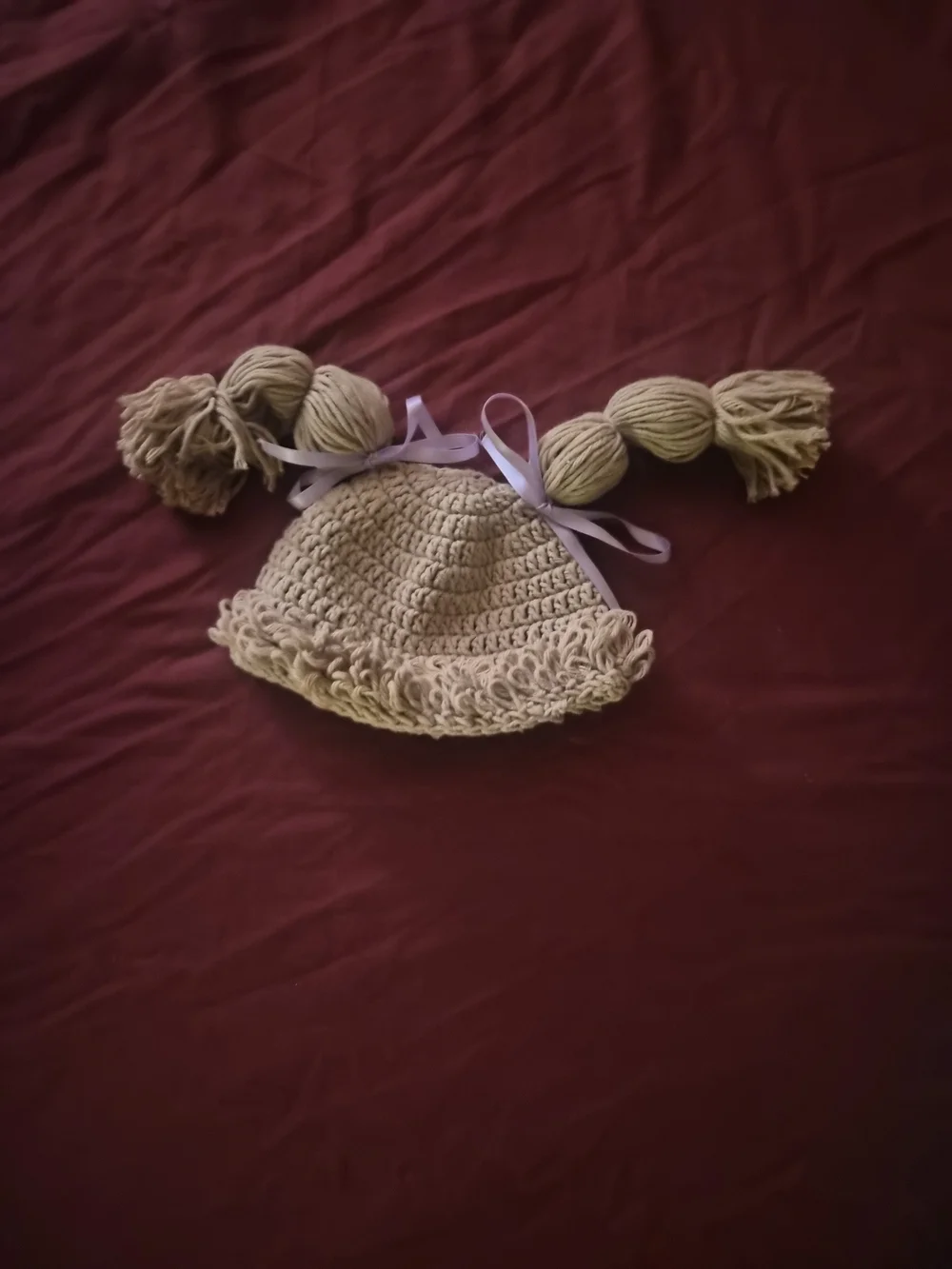 Cabbage Patch Kid Inspired Crochet Wig Hat Blonde Pigtails Lavender Bows